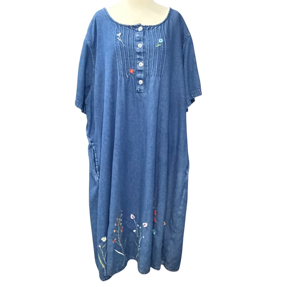 Vintage Embroidered Chambray Denim Dress Womens XXL Blue Floral Cottagecore Folk